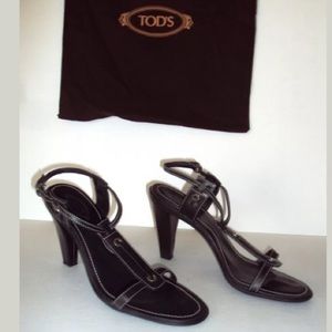 TOD'S Black Leather High Heels T-Strap Sandals 39